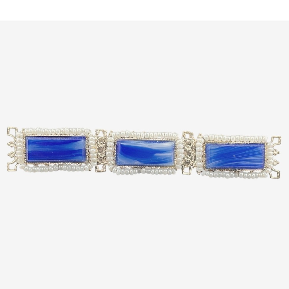 Vtg Miriam Haskell Brooch Signed Blue Glass handwired pearl filigree 40s 50s 3"+